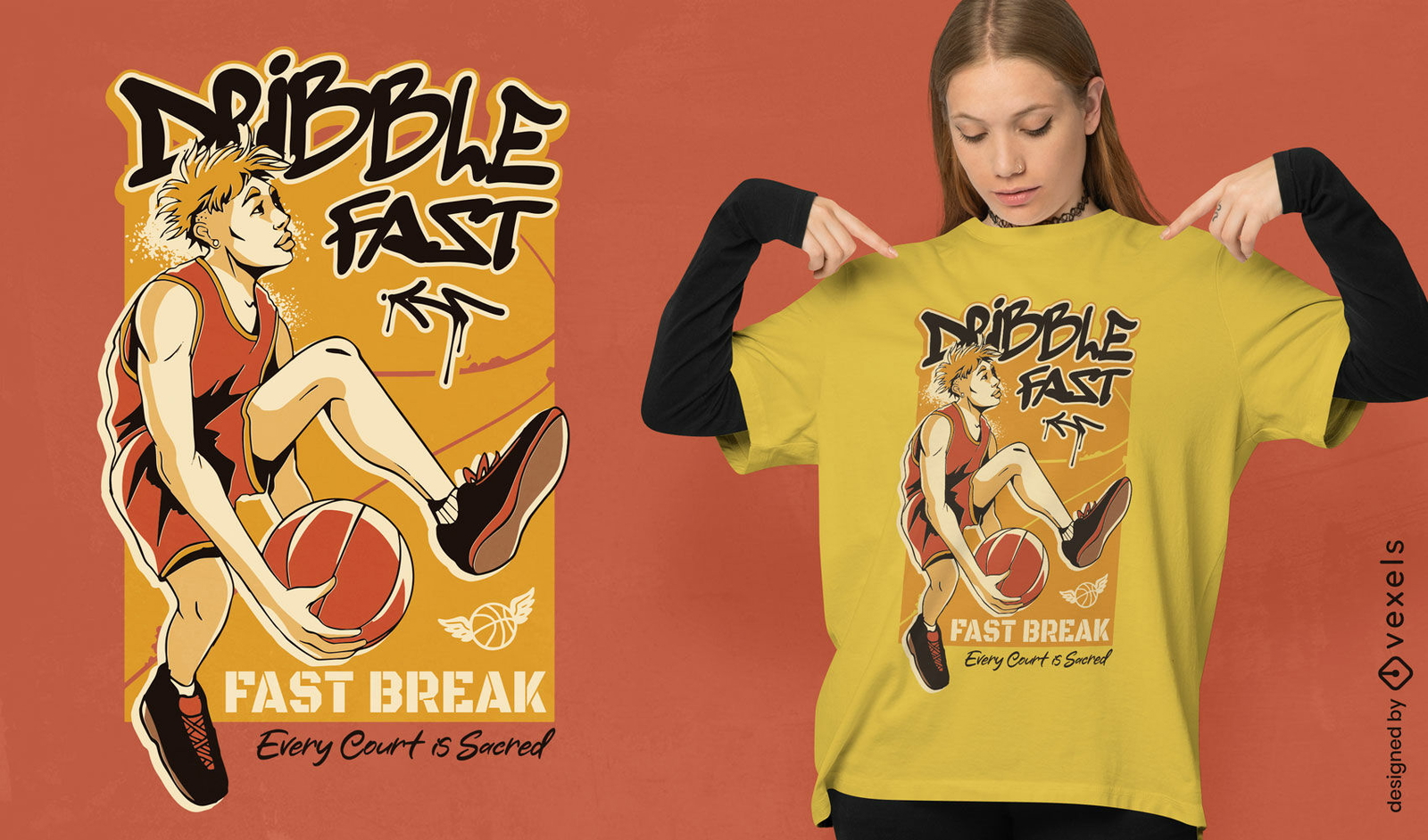 Design de camiseta de basquete com drible rápido