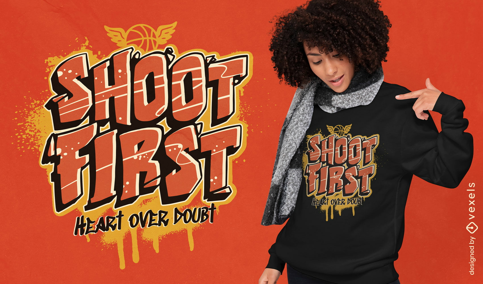 Design de camiseta com arremesso de basquete em grafite