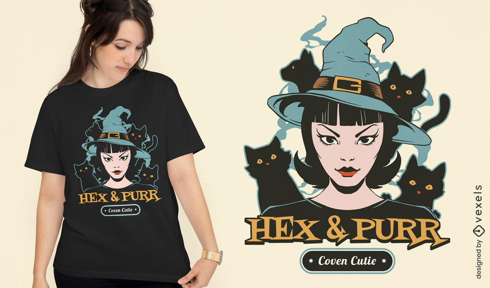 Design de camiseta com bruxa assustadora e gatos