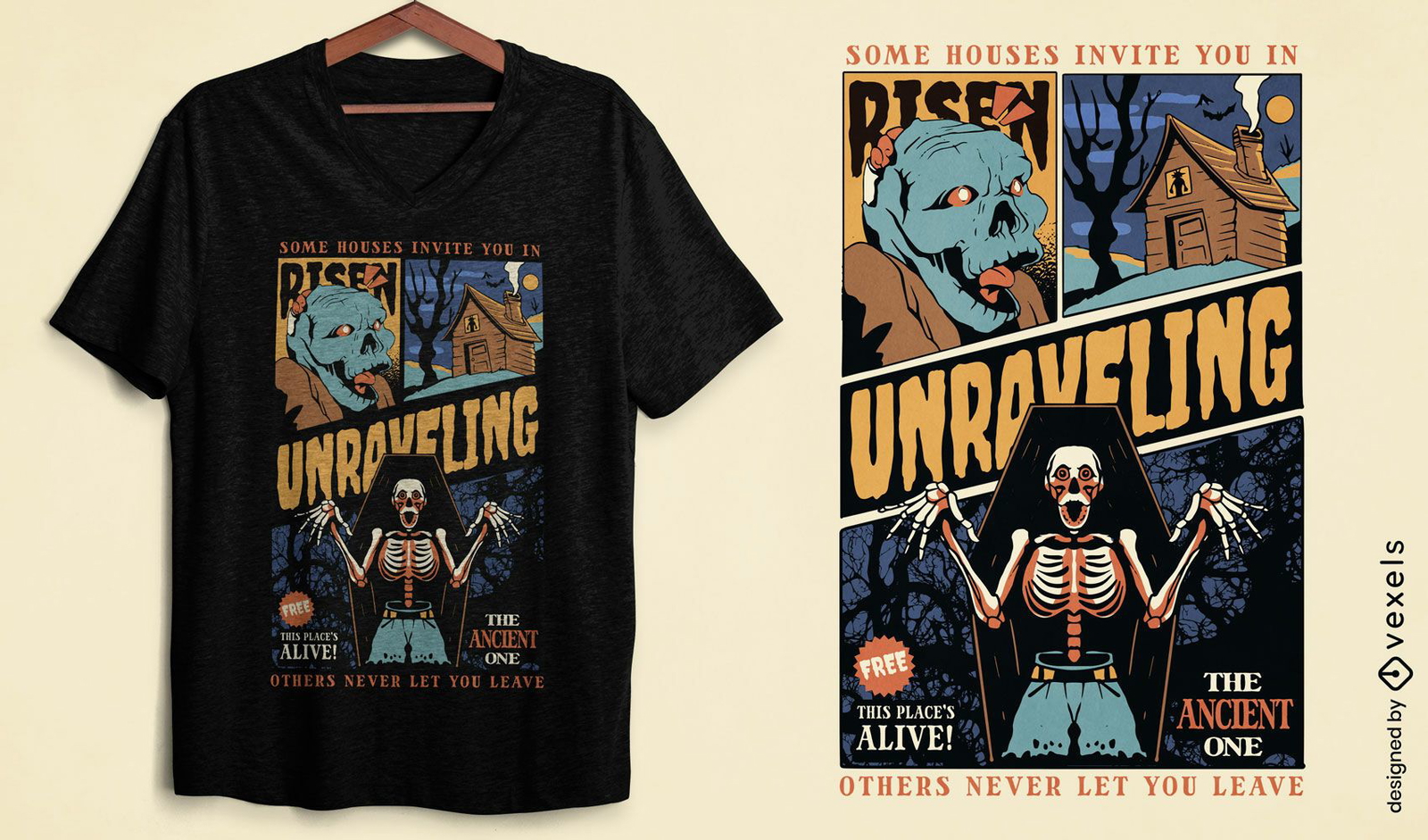 Diseño de camiseta de esqueleto de casa embrujada