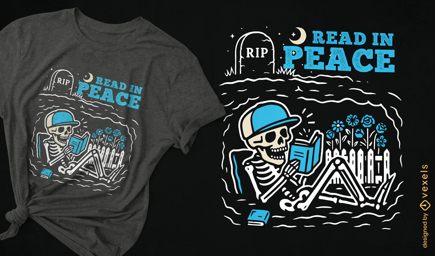 Design de camiseta humorística com esqueleto para amantes de livros