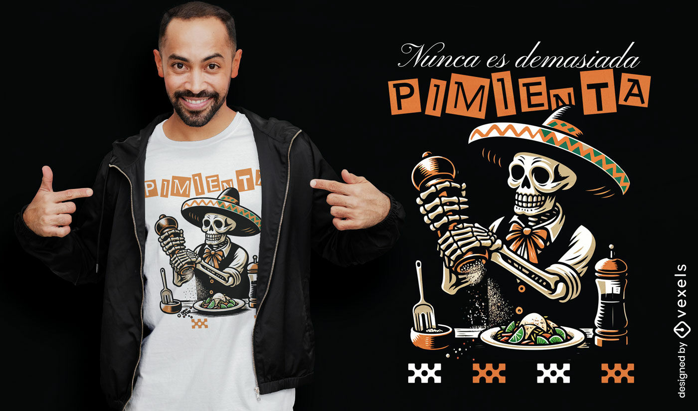 Design de camiseta humorística com esqueleto de pimenta mexicana