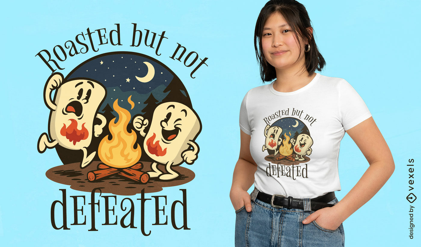 Diseño de camiseta con un juego de palabras sobre malvaviscos y fogatas