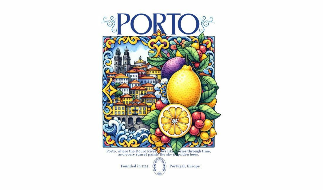 Plantilla de diseño para camiseta Ilustración vibrante del paisaje urbano de Oporto con motivos frutales