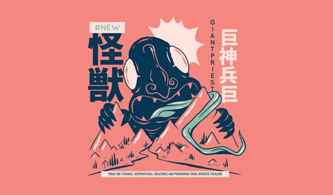Fierce yokai monster illustration t-shirt design template