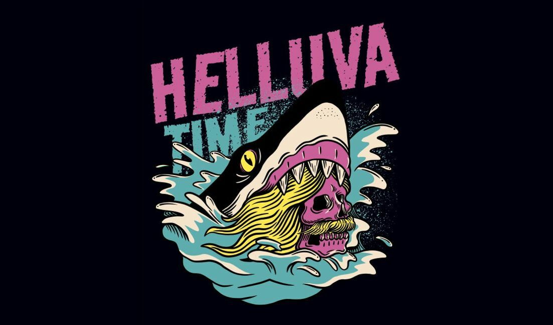 Bold shark and skull graphic design with 'helluva time' text t-shirt design template