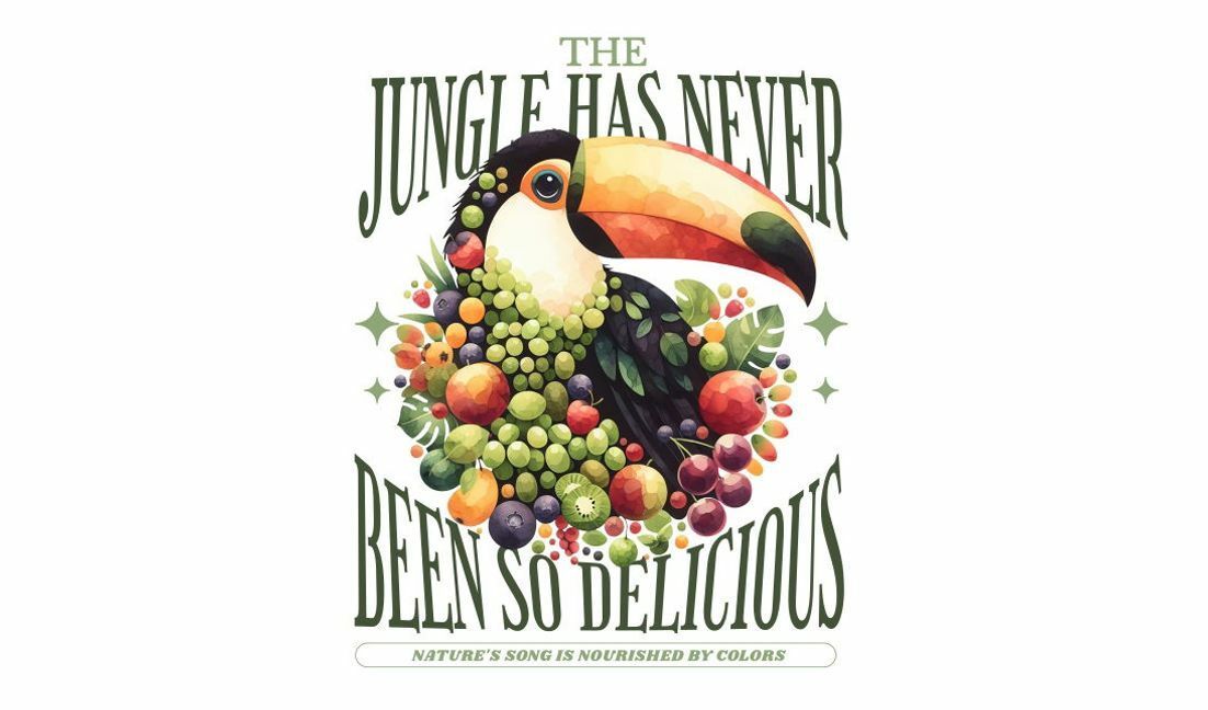 Plantilla de diseño para camiseta Diseño de cita de tucán tropical con frutas.