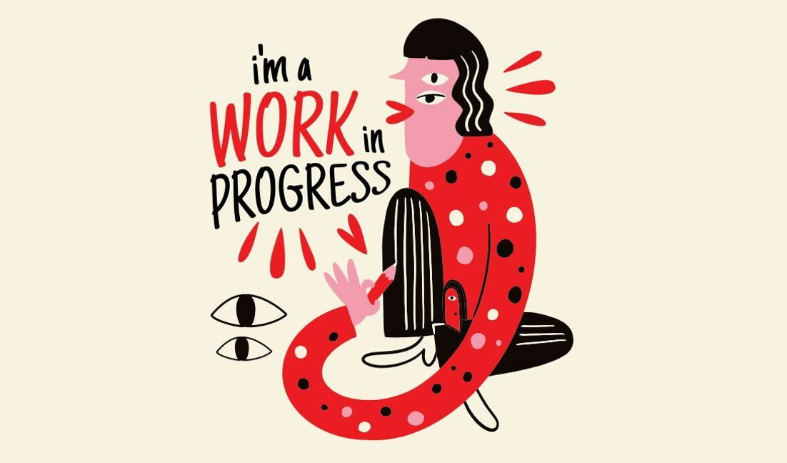 Playful illustration of personal growth with a work in progress theme t-shirt design template