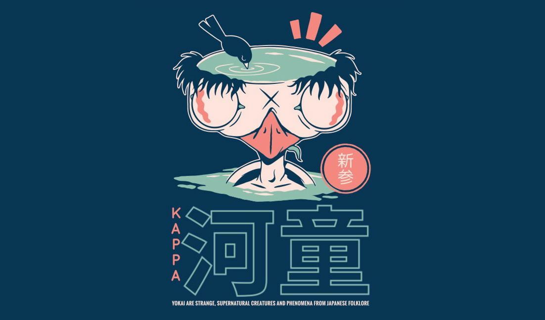 Plantilla de diseño para camiseta Diseño lúdico de kappa yokai con elementos humorísticos.