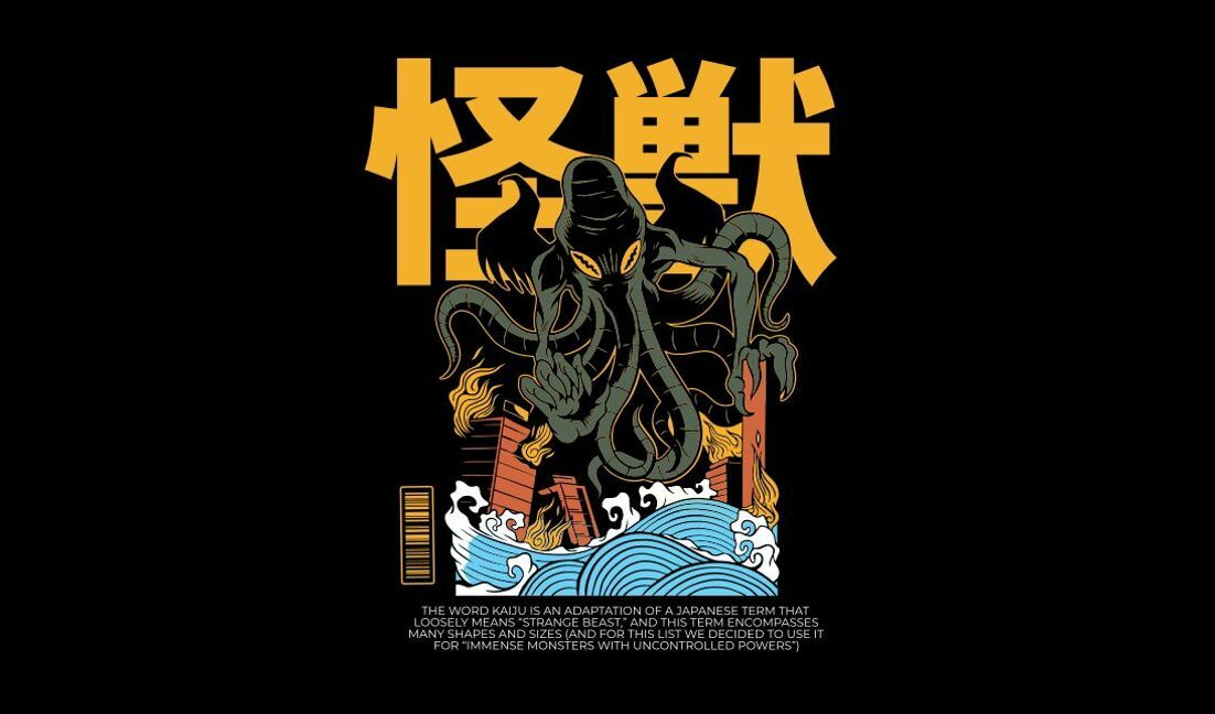 Intricate kaiju monster illustration t-shirt design template
