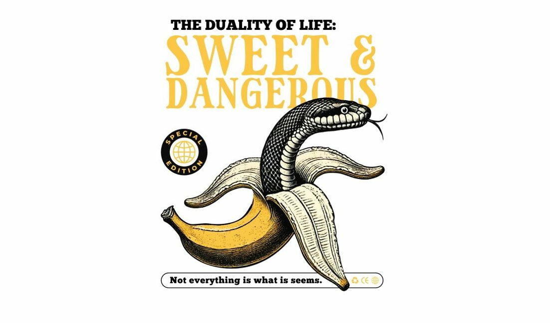 Modelo de design para camiseta Ilustração da dualidade da vida com cobra e banana