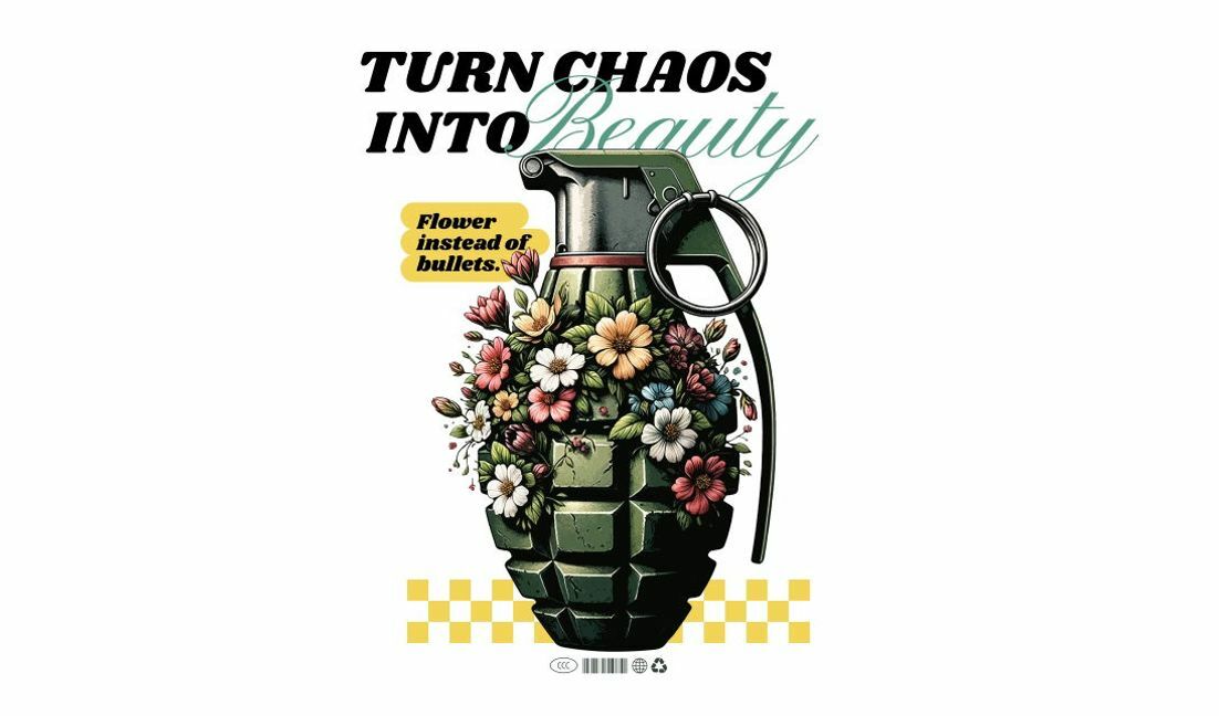 Artistic grenade design promoting peace through flowers t-shirt design template