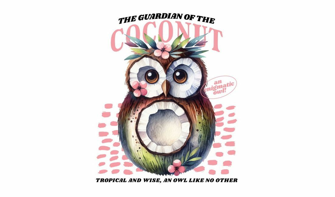 Tropical owl illustration with coconut theme t-shirt design template