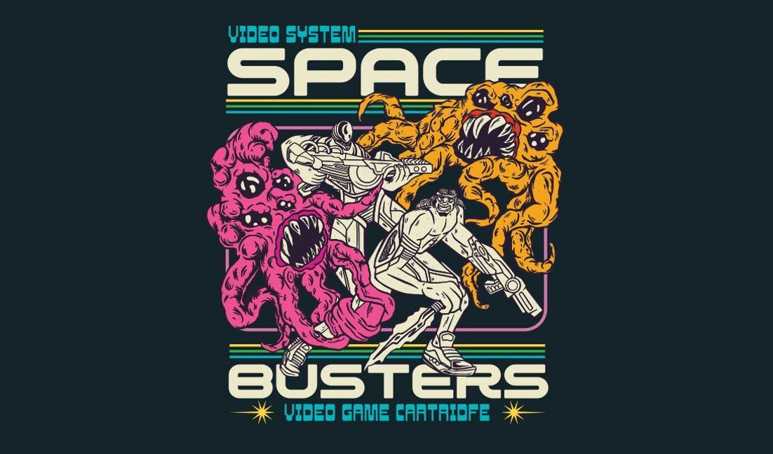 Plantilla de diseño para camiseta Arte de videojuegos retro con monstruos espaciales
