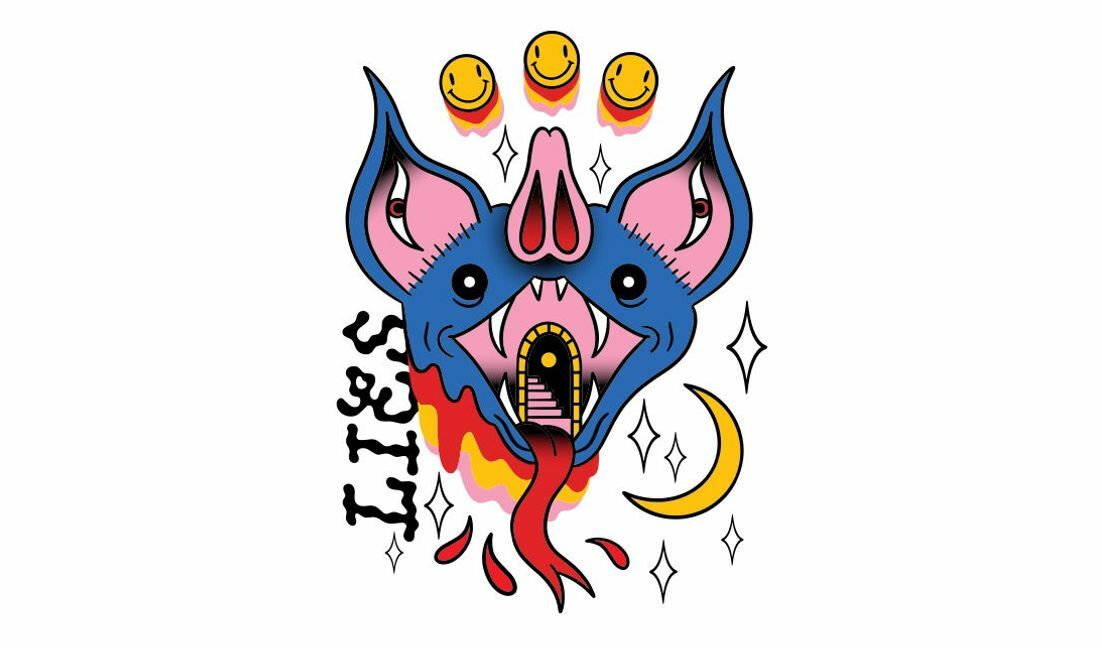 Unique bat illustration with whimsical elements t-shirt design template