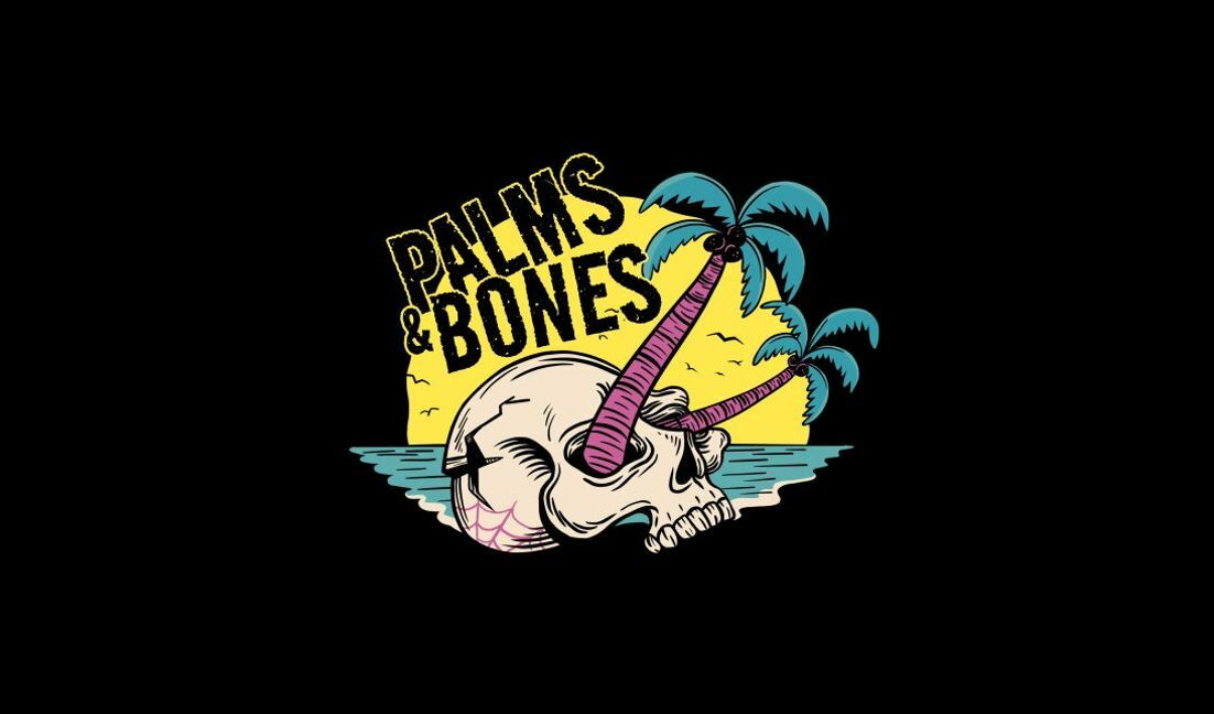 Modelo de design para camiseta Design lúdico de caveira e palmeira