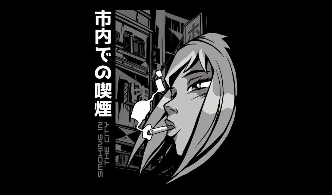 Stylized urban woman illustration with smoking motif t-shirt design template