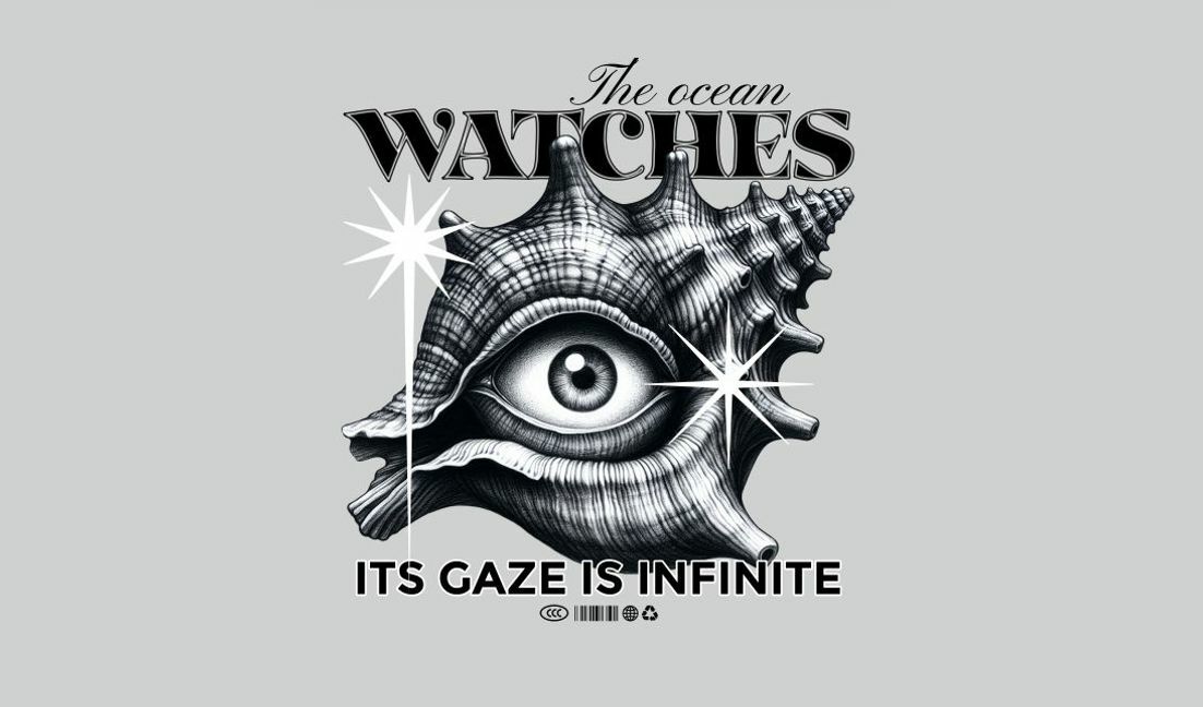 Intriguing ocean shell design with eye detail t-shirt design template