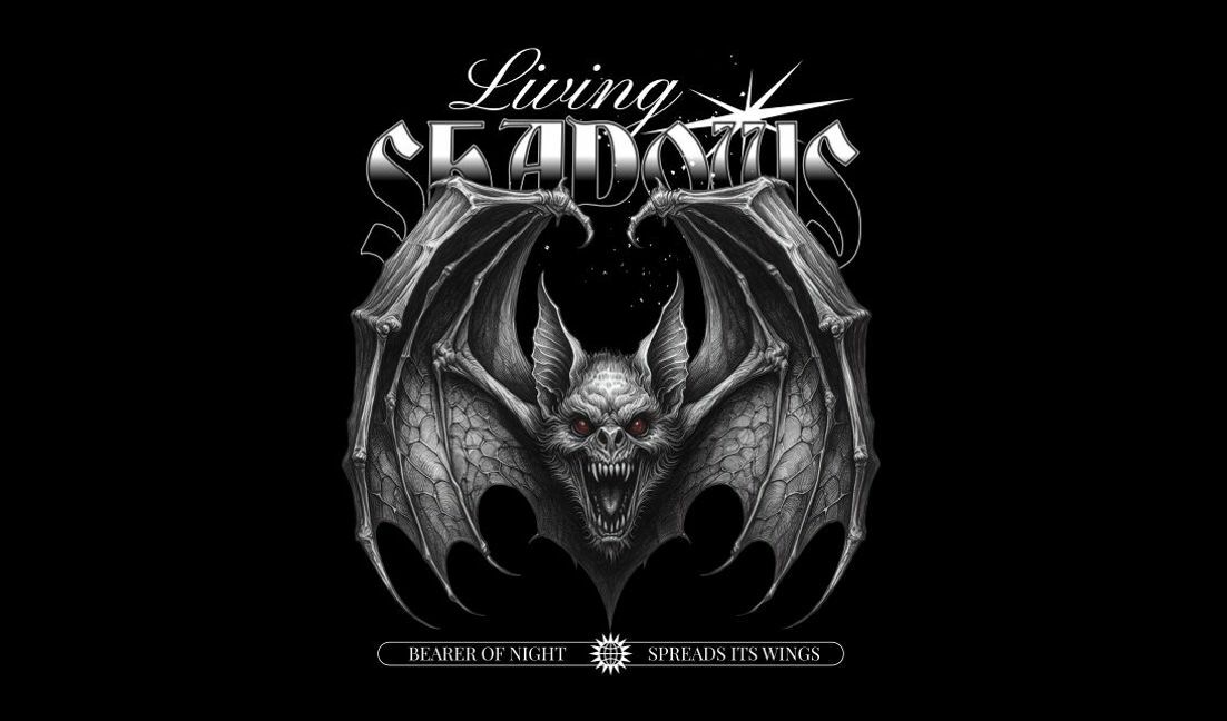 Plantilla de diseño para camiseta Ilustración de murciélago oscuro con diseño de texto gótico