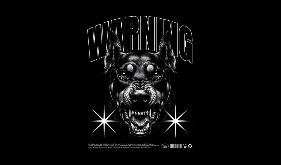 Intensive Warngrafik mit einem wilden Dobermann T-Shirt-Designvorlage