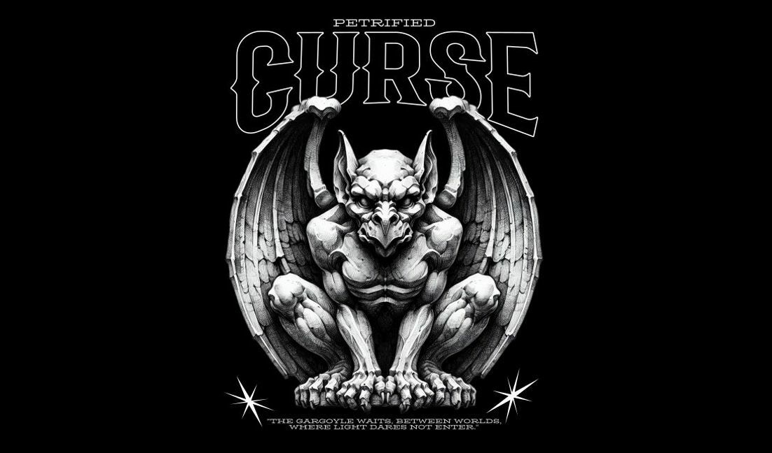 Plantilla de diseño para camiseta Diseño intrincado de gárgola con cita de maldición