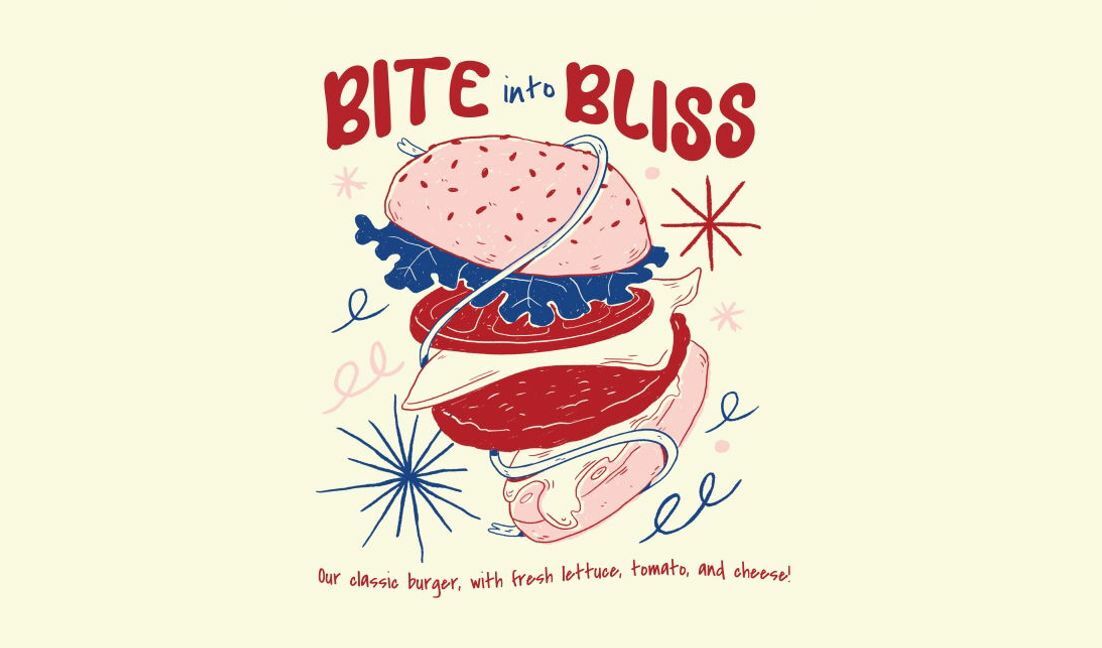 Playful burger illustration design t-shirt design template