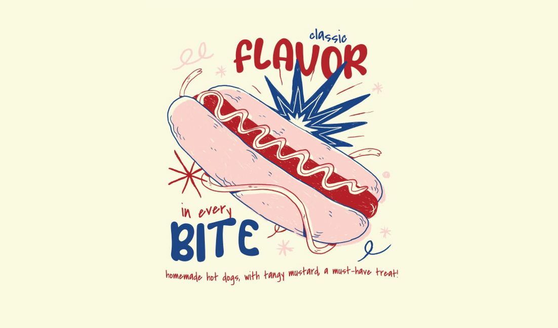 Modelo de design para camiseta Ilustração de cachorro-quente caprichosa com sabor clássico