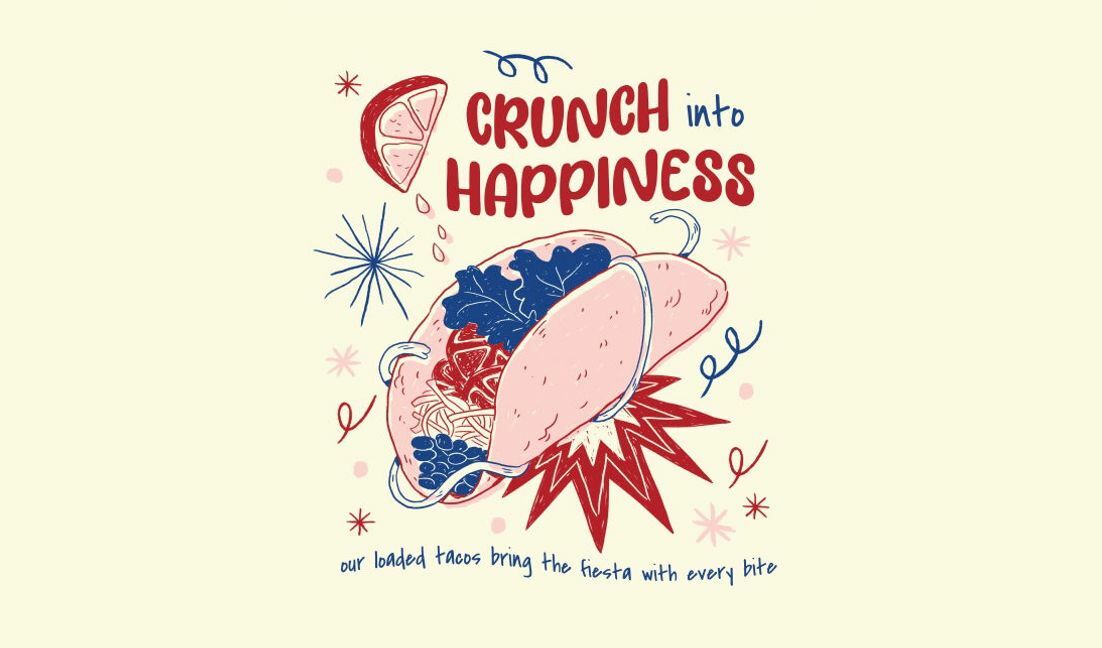 Modelo de design para camiseta Ilustração divertida de taco com citação de felicidade