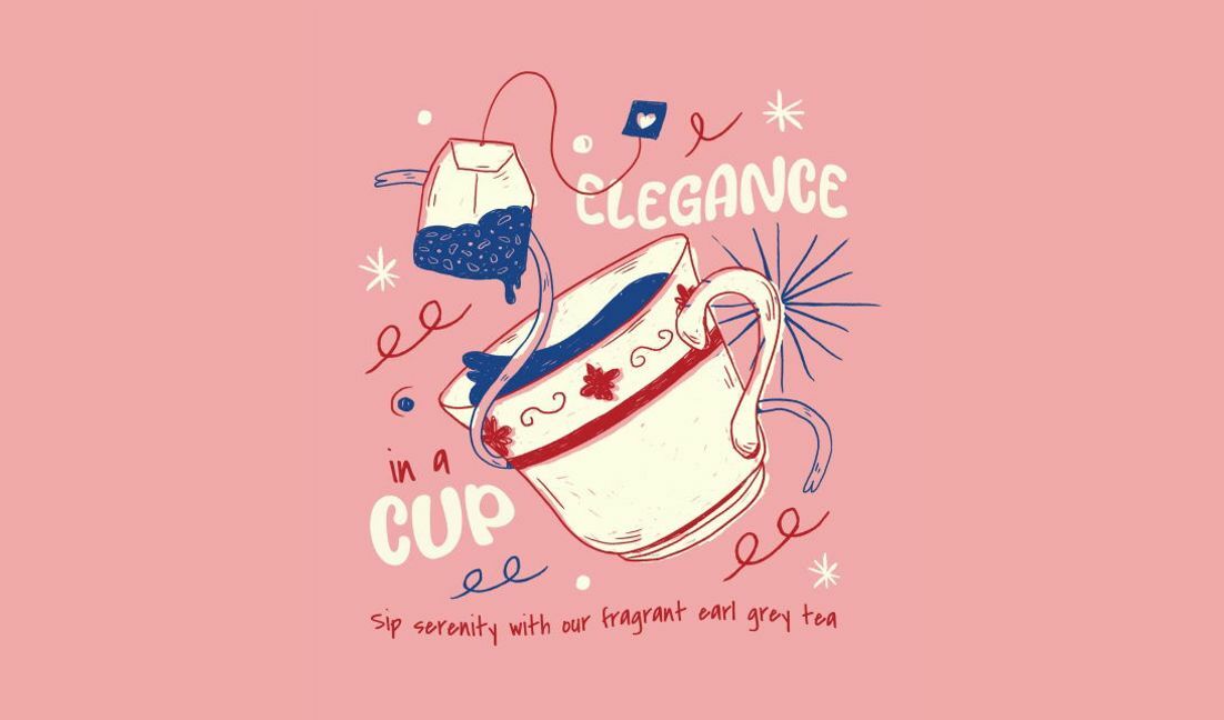 Modelo de design para camiseta Design elegante de xícara de chá com citação de serenidade