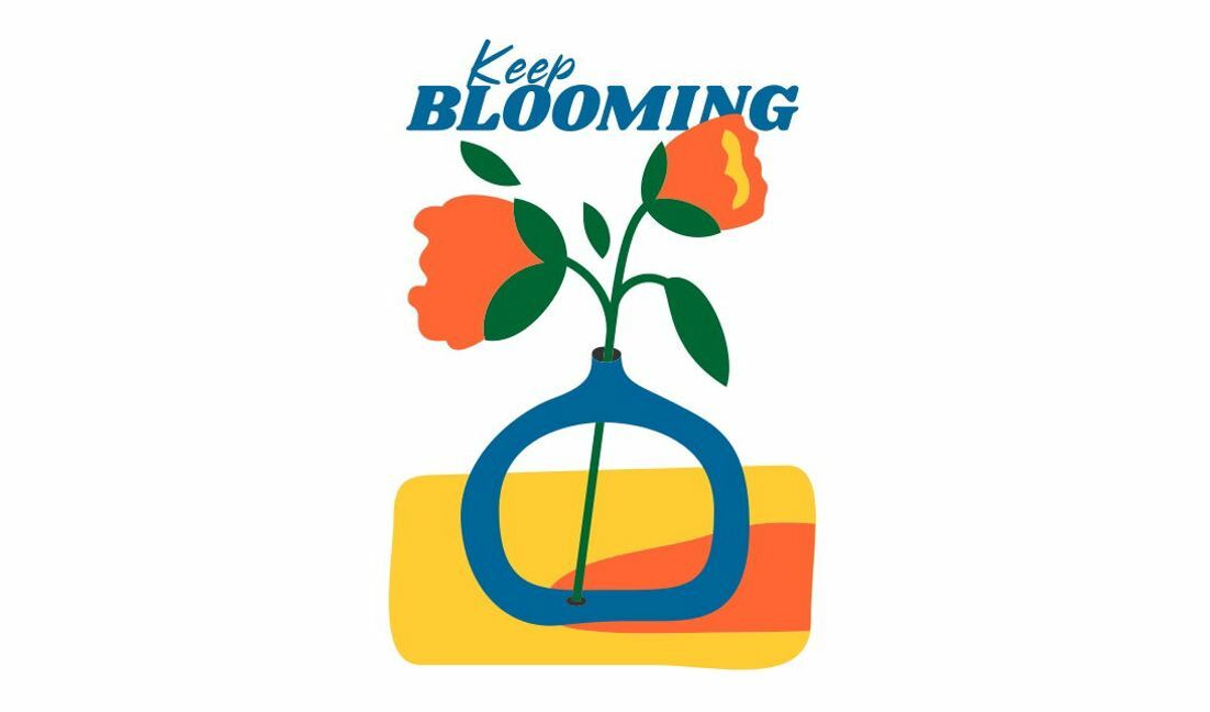 Inspirational vase design with flowers and keep blooming quote t-shirt design template