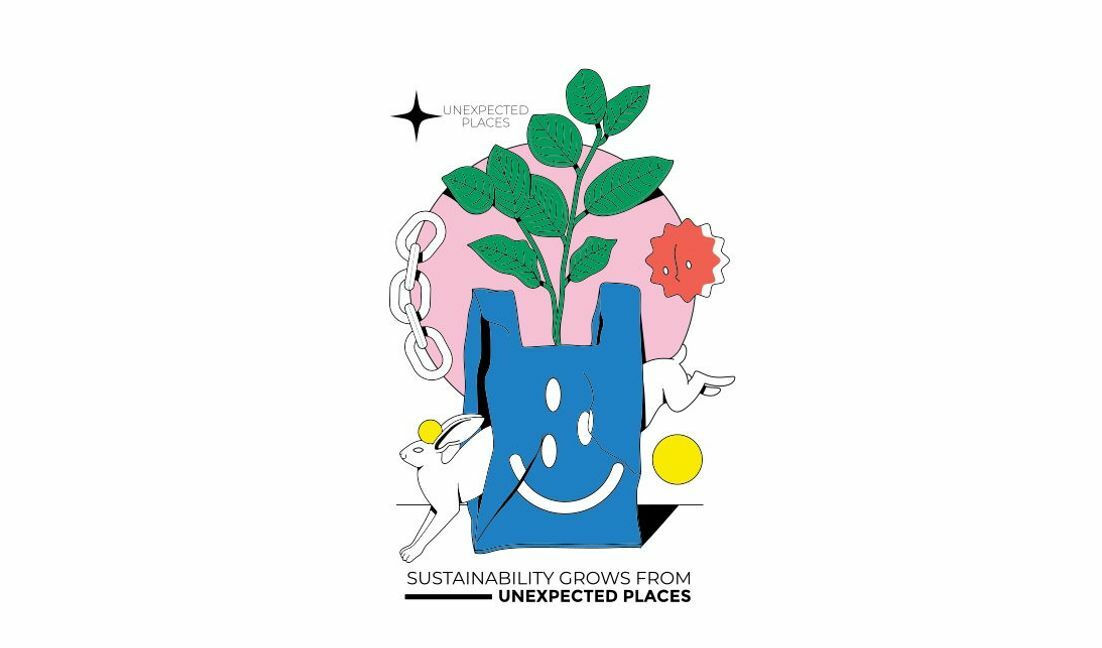 Modelo de design para camiseta Ilustração divertida de sustentabilidade com uma bolsa alegre e a natureza