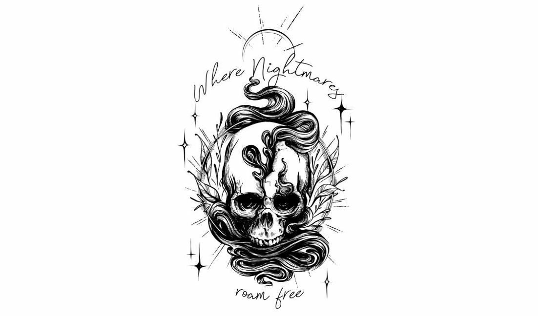 Intricate skull illustration with dreamlike elements t-shirt design template
