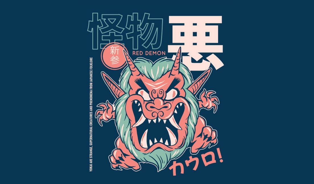 Fierce red demon illustration with japanese text t-shirt design template