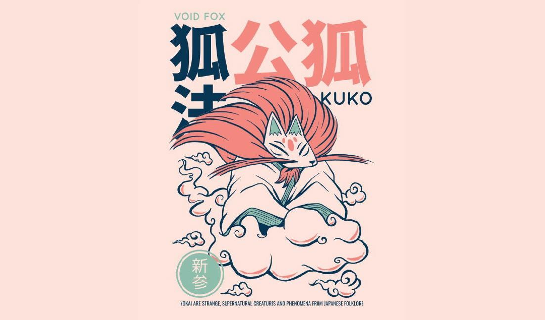 Plantilla de diseño para camiseta Diseño de ilustración caprichoso de un zorro yokai