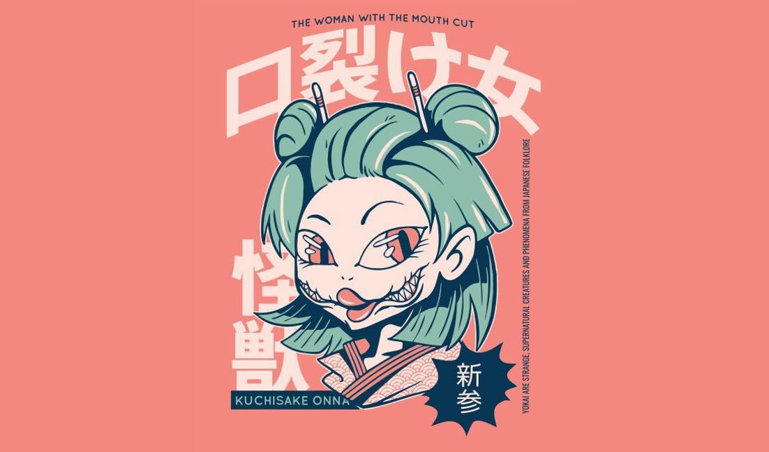 Modelo de design para camiseta Design lúdico de kuchisake onna