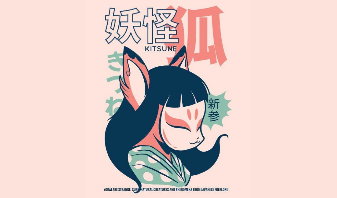 Playful kitsune illustration t-shirt design template