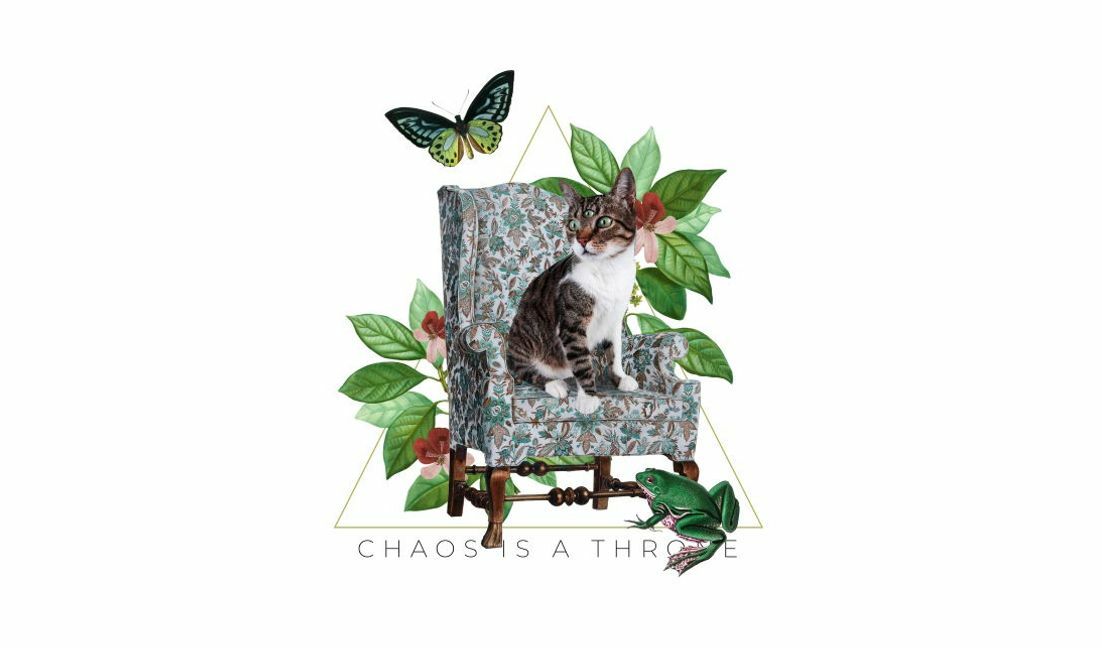 Whimsical cat chair illustration with botanical elements t-shirt design template