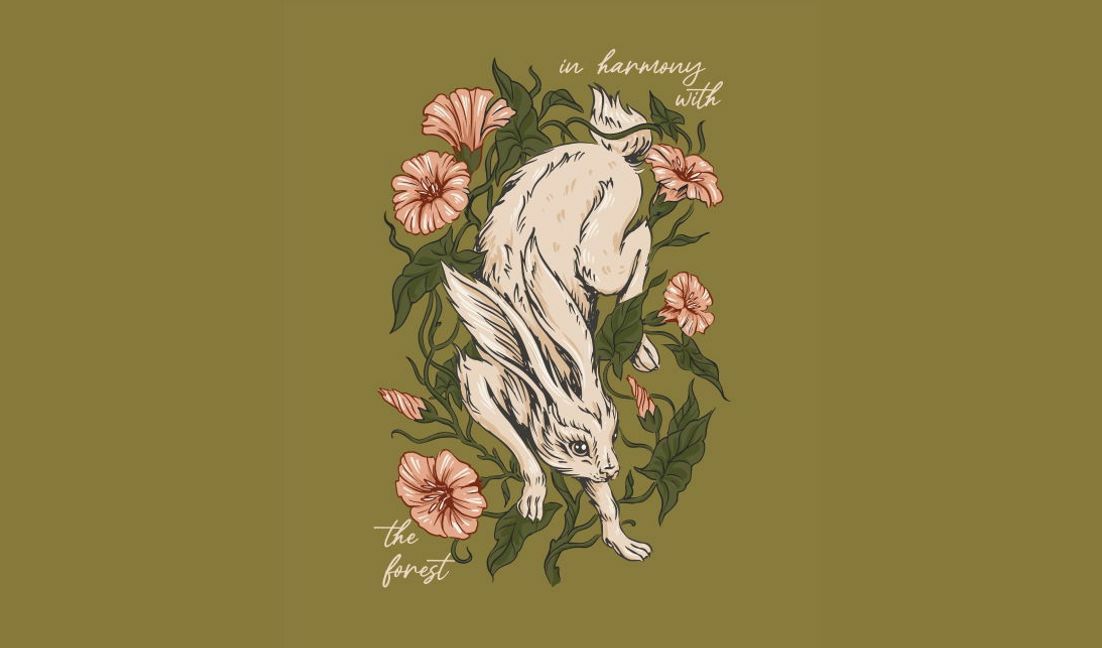 Nature-inspired rabbit illustration t-shirt design template
