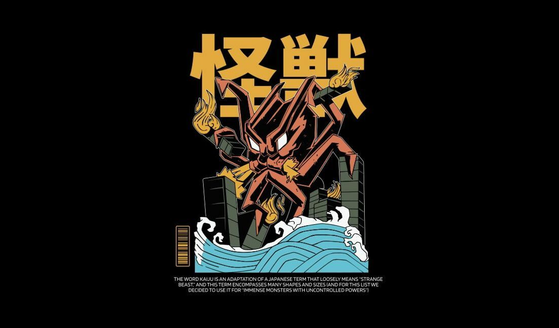 Plantilla de diseño para camiseta Ilustración dinámica de un monstruo kaiju