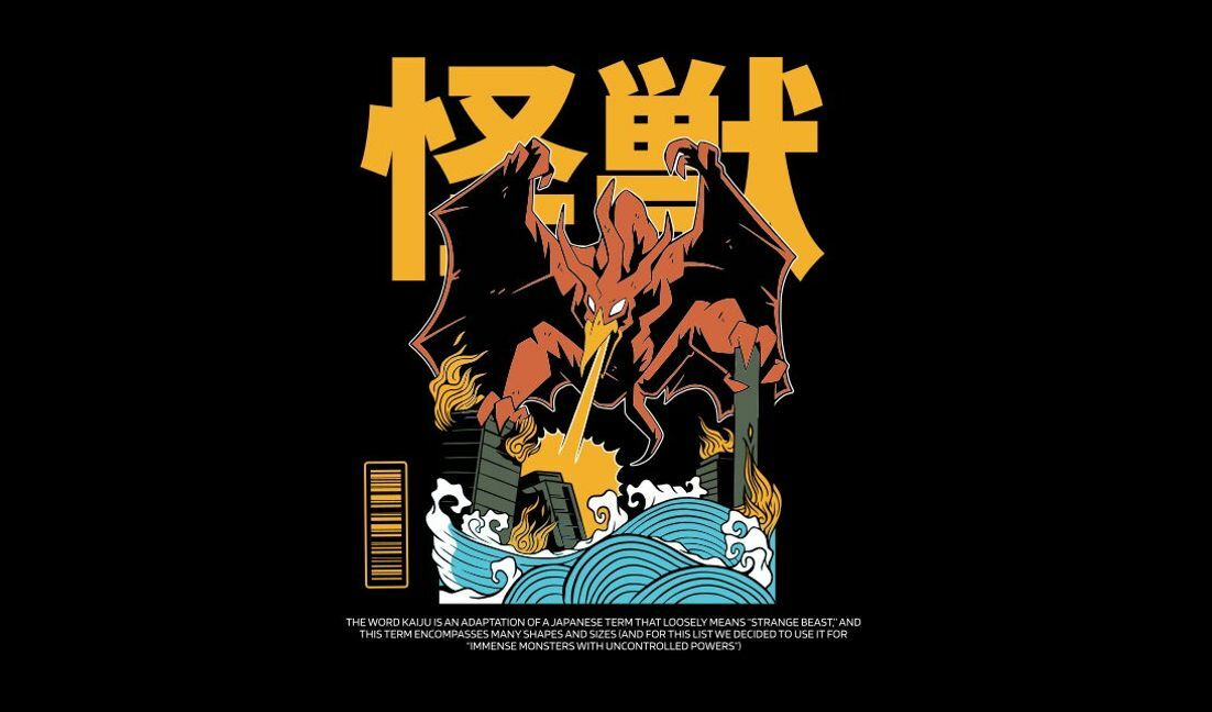 Bold kaiju monster design with stylized text t-shirt design template