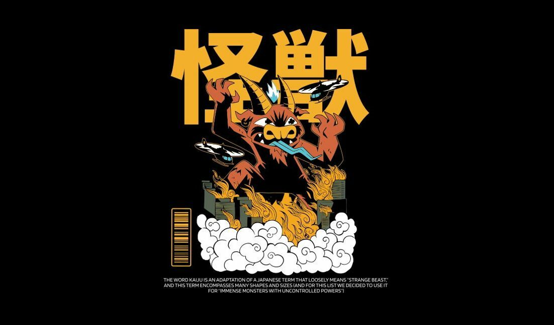 Modelo de design para camiseta Design de ilustração vibrante de monstro kaiju