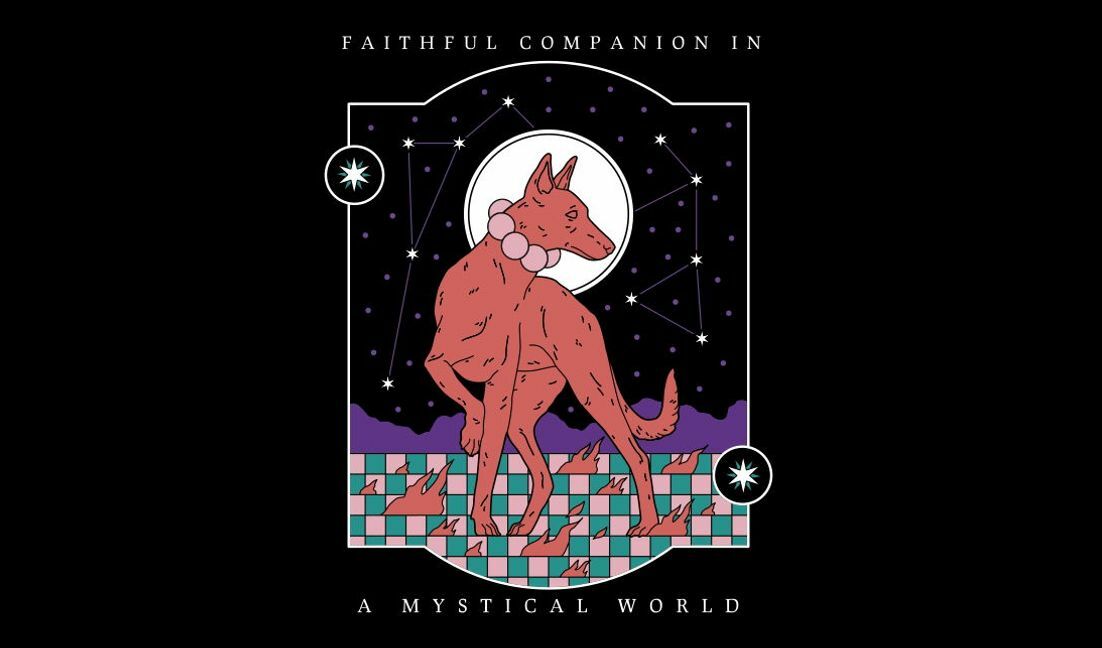 Mystical dog illustration with a celestial backdrop t-shirt design template