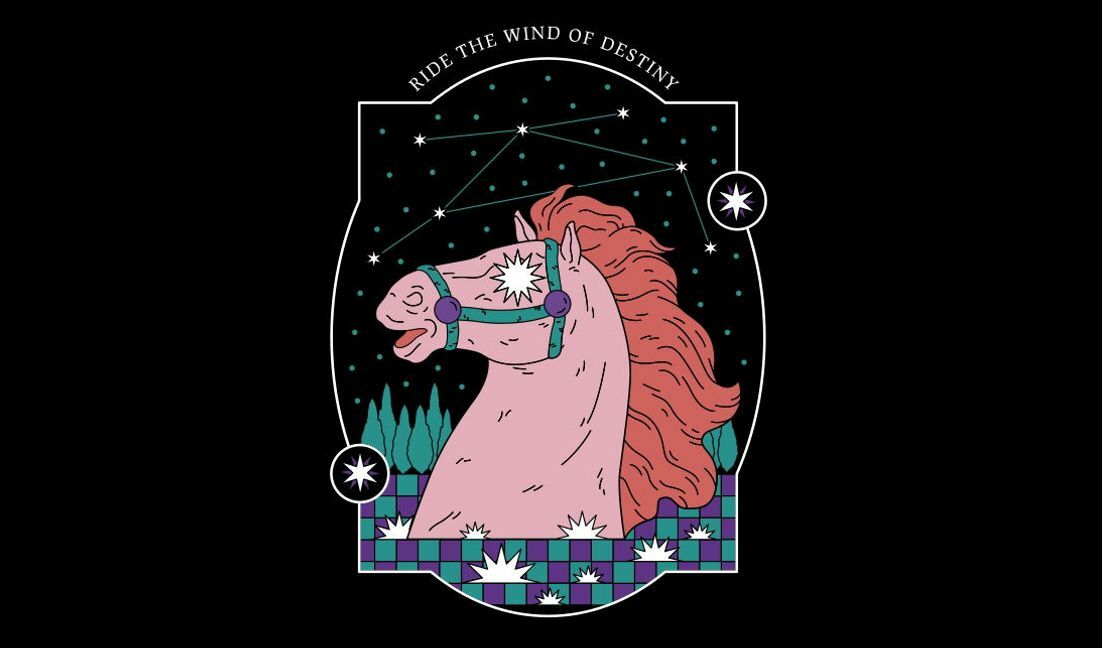 Whimsical horse illustration with celestial elements t-shirt design template