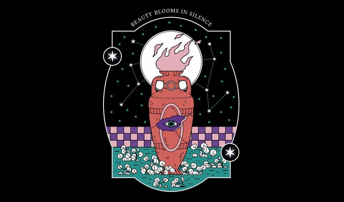 Modelo de design para camiseta Ilustração única de vaso floral com elementos cósmicos