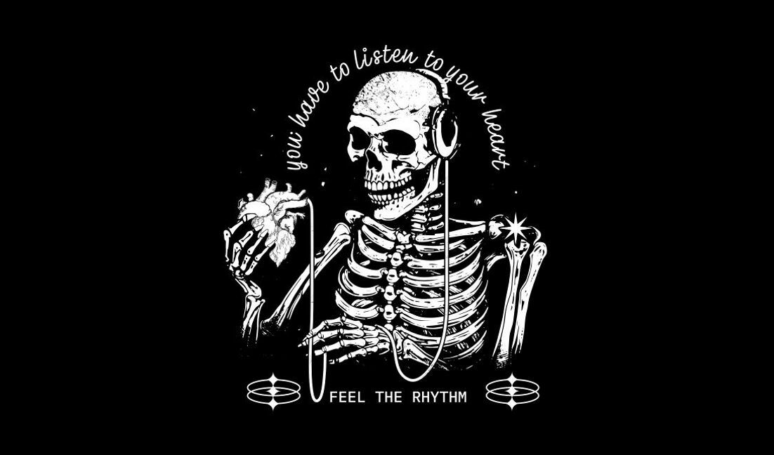 Plantilla de diseño para camiseta Diseño de esqueleto juguetón escuchando los latidos del corazón.