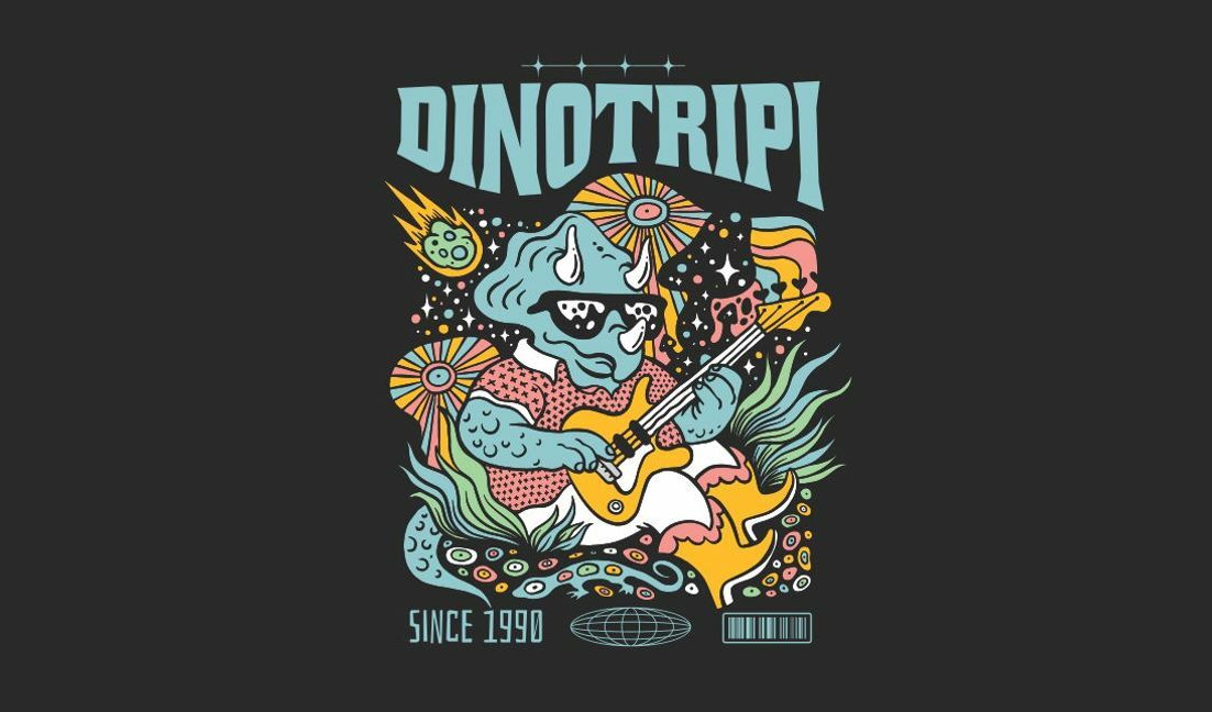 Verspieltes Dinosaurier-Rockband-Design T-Shirt-Designvorlage