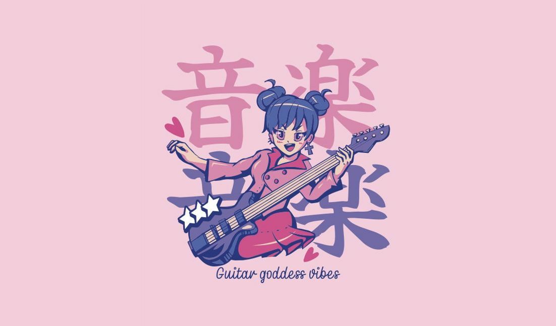 Playful guitar goddess design with musical elements t-shirt design template