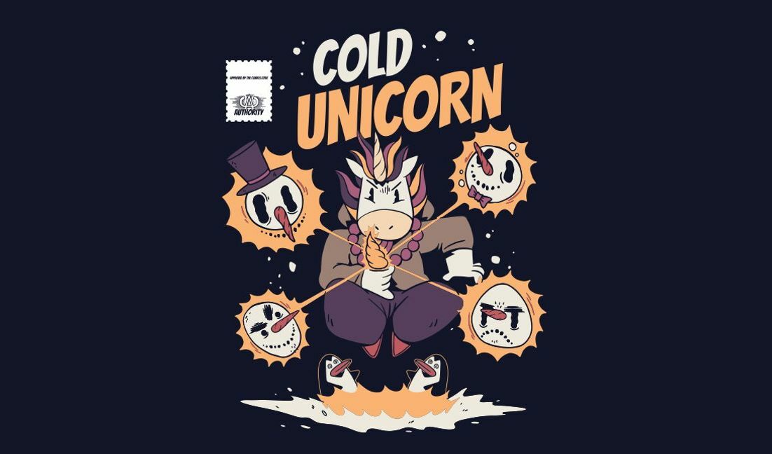 Playful cold unicorn illustration t-shirt design template