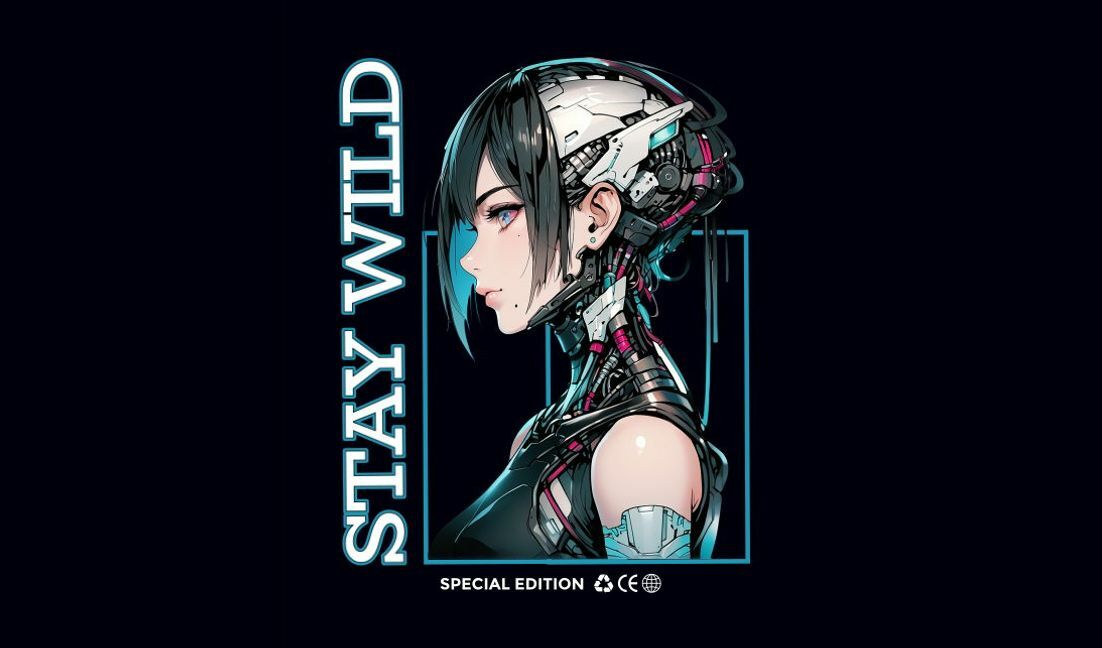 Modelo de design para camiseta Ilustração cyberpunk futurista com citação "stay wild"