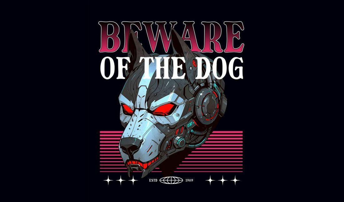 Plantilla de diseño para camiseta Diseño futurista de advertencia de perro cibernético